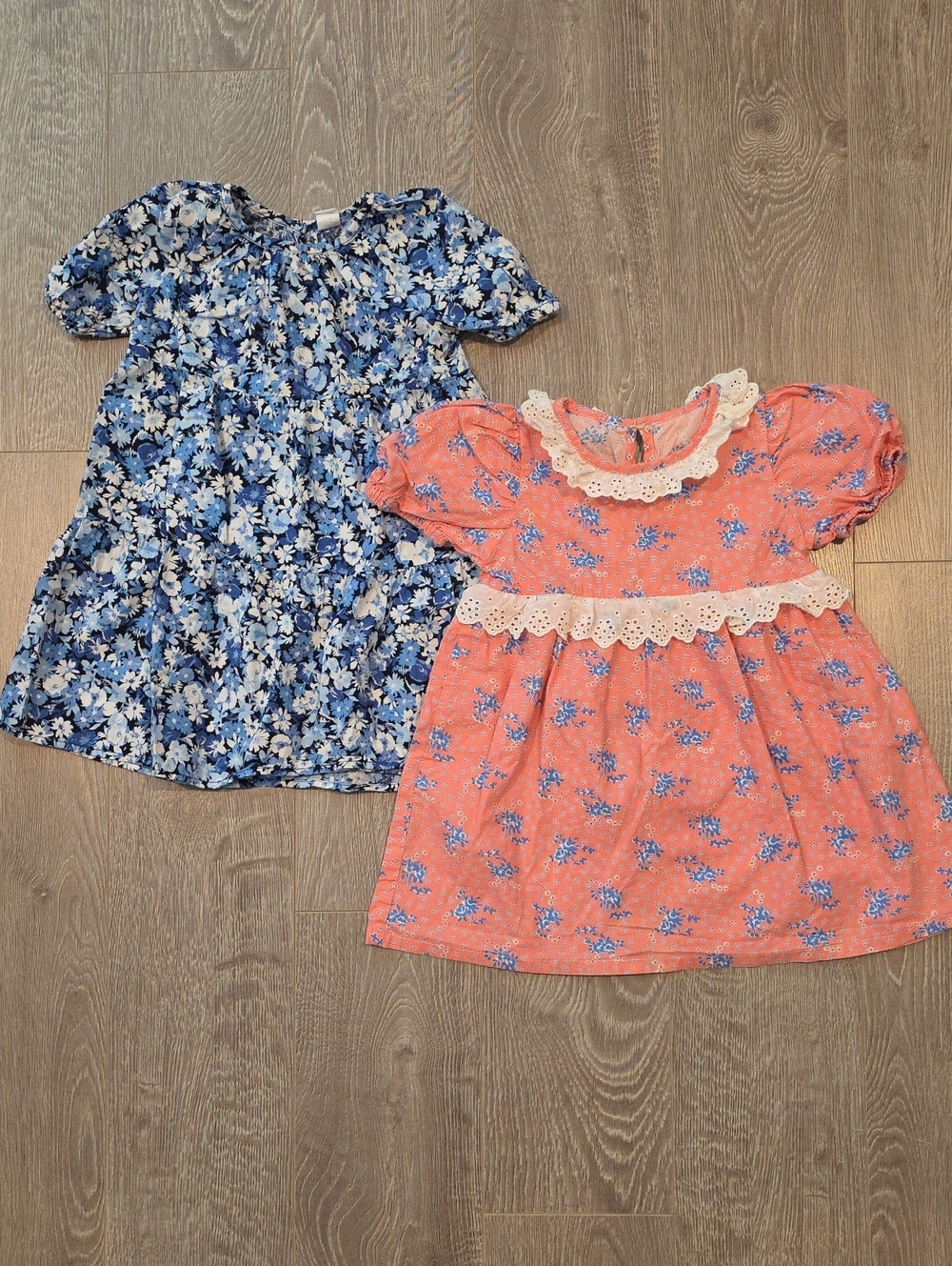 2 Floral Dress - Coral Pink with Lace Trim And GAP Blue